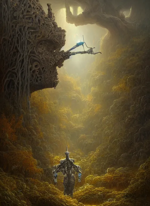 Image similar to Portrait of an Ancient Robot on a clearing, extremly detailed digital painting, in the style of Tomasz Alen Kopera and Fenghua Zhong and Peter Mohrbacher, mystical colors, rim light, beautiful lighting, 8k, stunning scene, raytracing, octane, trending on artstation