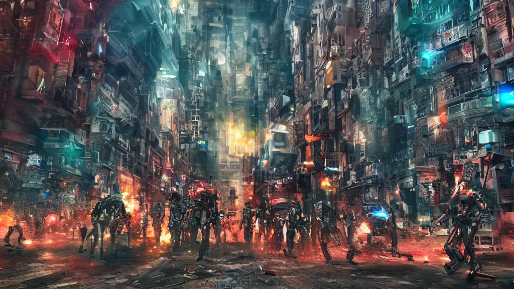 Prompt: A riot of robots on the streets of dystopian megalopolis, digital art, photo-realistic, dramatic colors, 4k