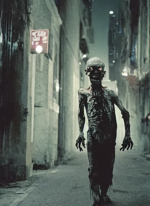Prompt: cinestill night portrait of a zombie walking on the street horror practical fx by david cronenberg