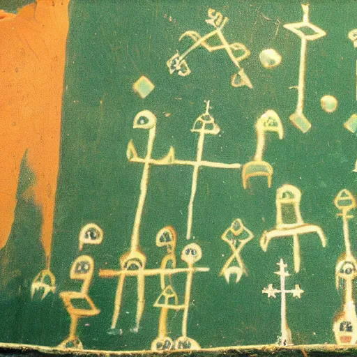 Image similar to green cave painting of crosses and ufos