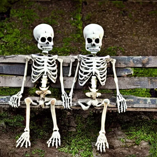 Image similar to Two grunge skeletons of lovers, sitting on a park bench for a very long time, holding by their hands, starting to decay, partially covered with dust, moss, dirt and spider webs, cinematic lighting, photo realistic image, super detailed, cinematic look H 1024