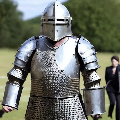 Image similar to Boris Johnson with armour like a medieval knight, photo