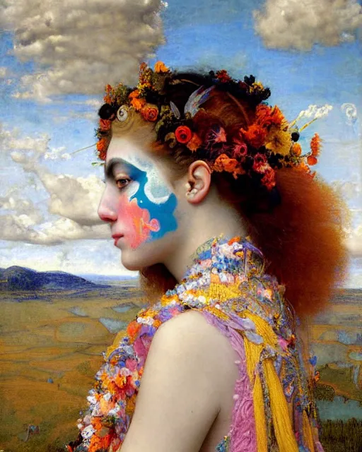 Image similar to a beautiful girl in the clouds wearing colourful face paint surrounded by colourful intricate patterns, by edgar maxence and caravaggio and michael whelan, intricate painting, hyper realistic, extremely detailed and beautiful aesthetic face, 8 k resolution