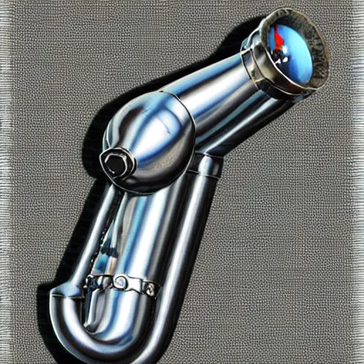 Image similar to A a shiny old silver pipe in the style of a mario pipe from the front view in the foreground and a blue background behind the pipe, Realistic, Hyperrealistic, Highly Detailed, Very Detailed, HD Quality, 8k Resolution, Digital Art, Oil Painting, Trending on Artstation, Real Life