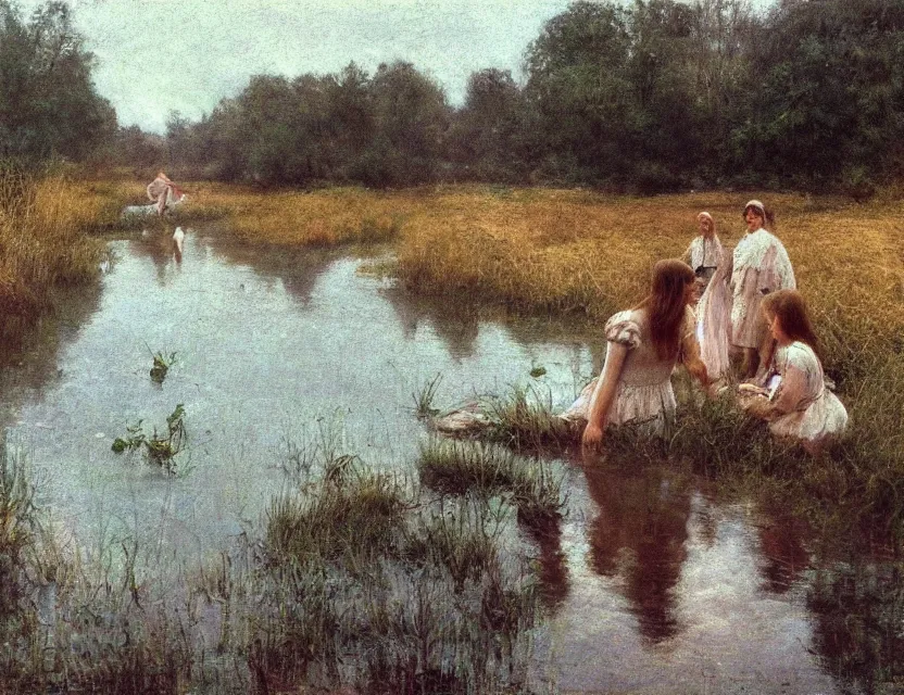 Prompt: peasant girls swimming in a river, cottage core, cinematic focus, polaroid photo bleached vintage pastel colors high - key lighting, soft lights, foggy, by steve hanks, by lisa yuskavage, by serov valentin, by tarkovsky, 8 k render, detailed, oil on canvas