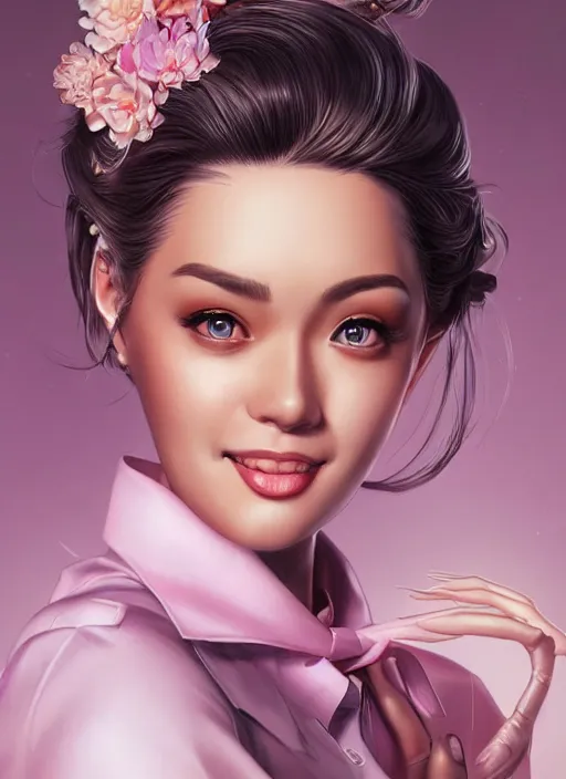 Image similar to beautiful, secretary woman, extremely detailed gorgeous face, looks realistic, hyper-detailed portrait, happy smile, vaporwave aesthetic, synthwave, magical, fantasy, ninchaku , artist Artgerm i and WLOP