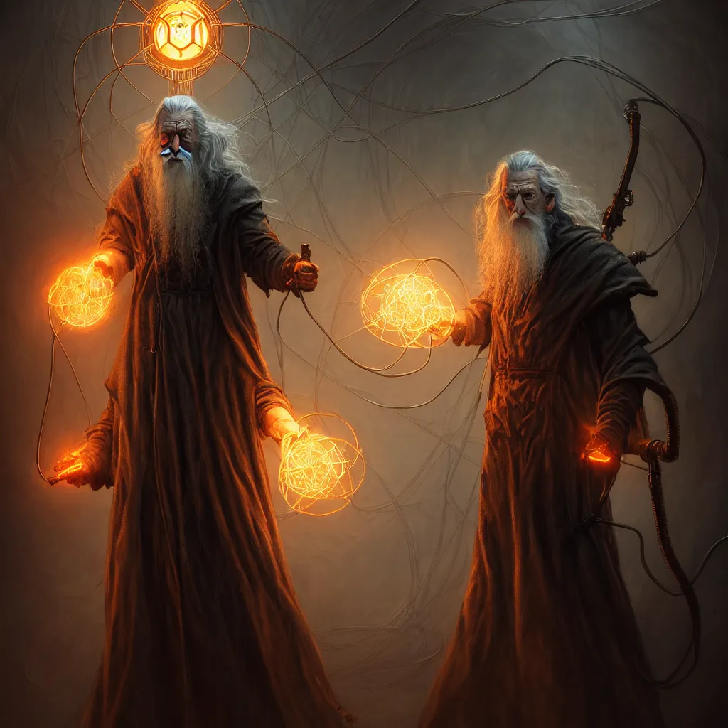 Prompt: biohazard! portrait of gandalf, tesla coils!!, dieselpunk dark omnious atmosphere au naturel, hyper detailed, digital art, trending in artstation, cinematic lighting, studio quality, smooth render, unreal engine 5 rendered, octane rendered, art style by klimt and nixeu and ian sprigger and wlop and krenz cushart