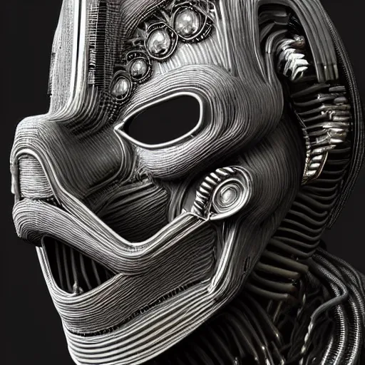 Image similar to a close up of a mask on a table, cyberpunk art by Giger, zbrush central contest winner, afrofuturism, made of paperclips, darksynth, made of liquid metal