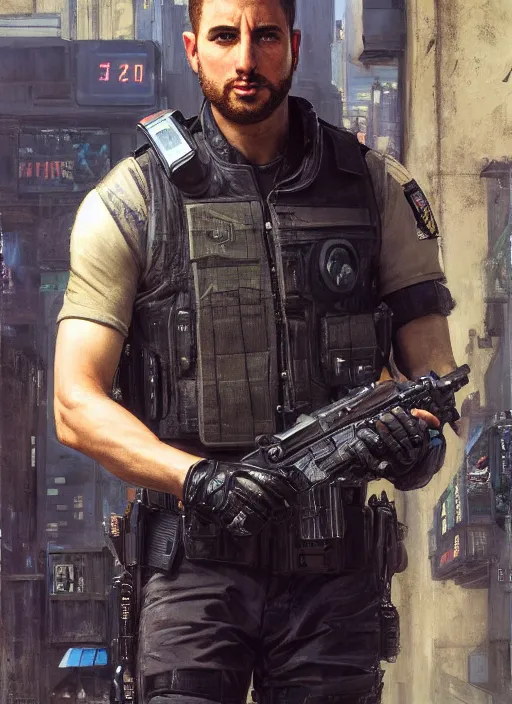 Image similar to 🦸🏼♀. cyberpunk police trooper in a military vest ( blade runner 2 0 4 9, cyberpunk 2 0 7 7 ). orientalist portrait by john william waterhouse and james gurney and theodore ralli and nasreddine dinet, oil on canvas. cinematic, hyper realism, realistic proportions, dramatic lighting, high detail 4 k