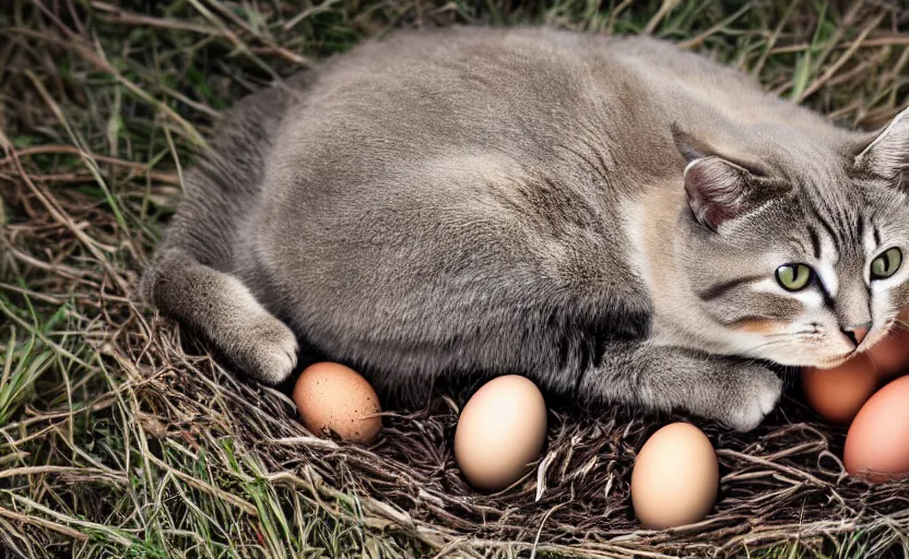 Prompt: cat guarding it's eggs. big nest. wild, nature photography, david attenborough, strange, photograph, photorealistic