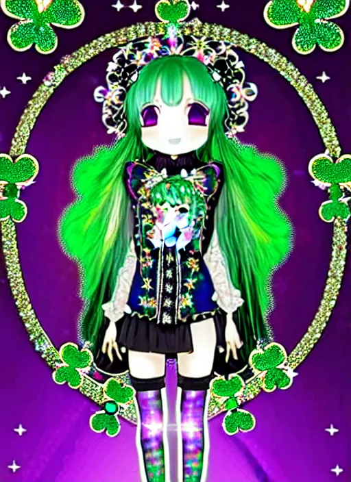 Image similar to baroque bedazzled gothic royalty frames surrounding a hologram of decora styled green haired yotsuba koiwai wearing a gothic spiked jacket, background full of lucky clovers, crosses, and shinning stars, holography, irridescent