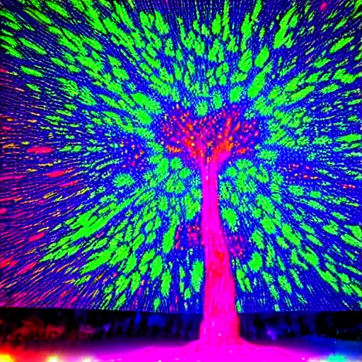 Image similar to psychedelic tree with neons and lasers