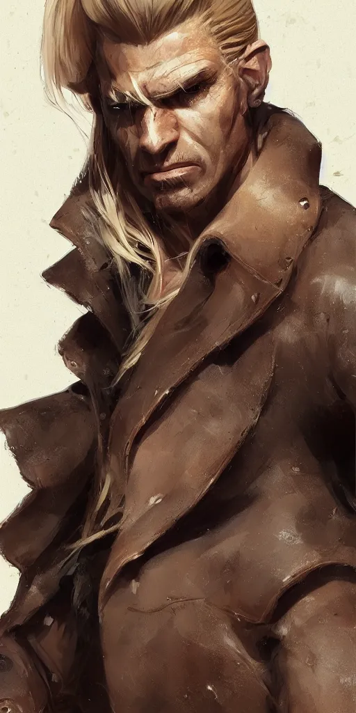 Image similar to portrait of a muscular, grim, ponytail haired blonde man in his late 30's, wearing a thick brown leather coat, looking to his side, half of the face scarred, hunter, DnD character, fantasy character, digital art by Ruan Jia, Krenz Cushart, Rossdraws and Boris Vallejo