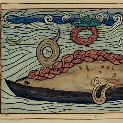 Prompt: Jormungandr fished from the ocean with ox head bait, icelandic manuscript illustration