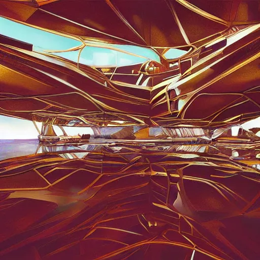 Image similar to interior of a futuristic organic scifi temple with gold, red and white marble panels, in the desert, by buckminster fuller and syd mead, intricate contemporary architecture, photo journalism, photography, cinematic, national geographic photoshoot