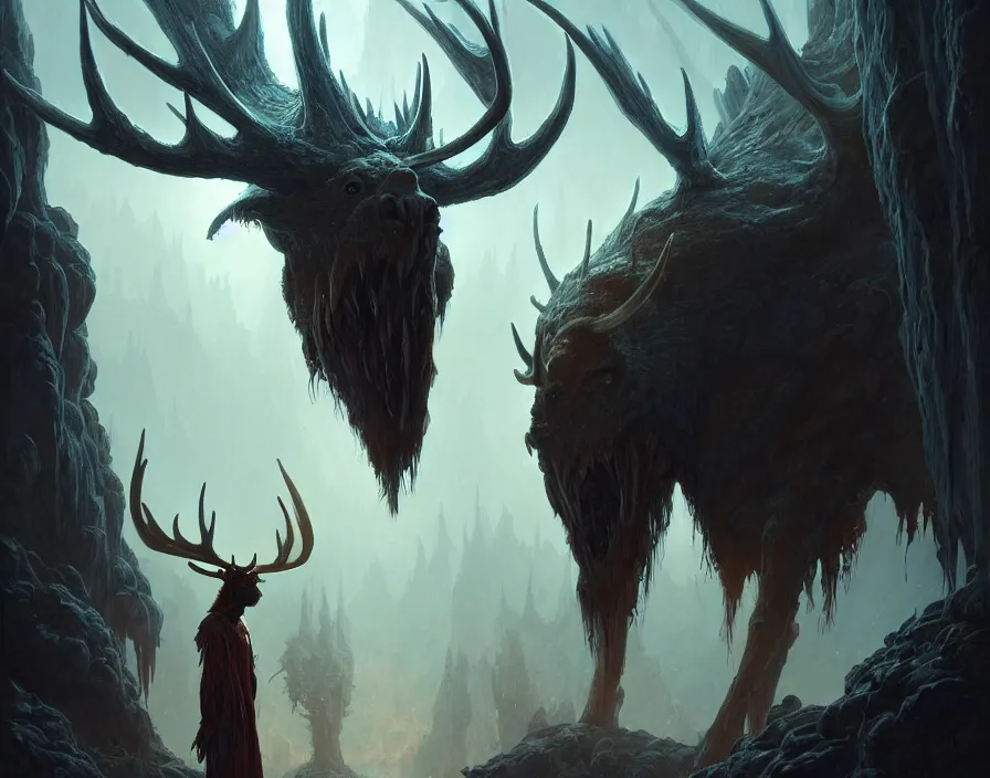 Image similar to concept art of a fantasy monster looking like a moose ghost, intricate, d & d, fantasy, art nouveau, digital painting, trending on artstation, sharp focus, illustration, global illumination, ray tracing, art by artgerm and greg rutkowski and ruan jia