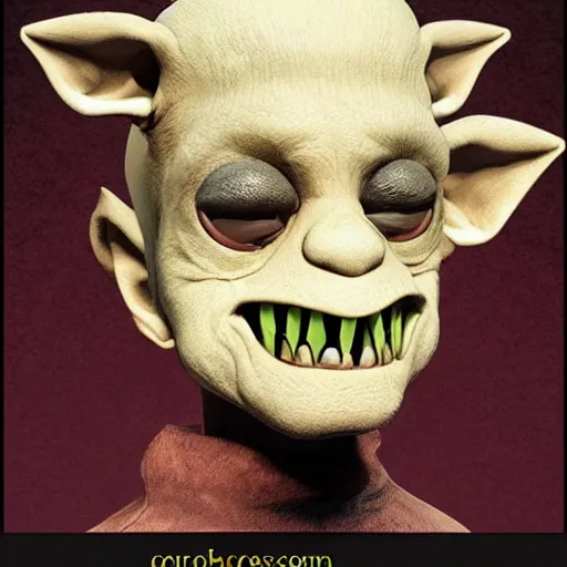 Prompt: goblin with big ears, round nose, plush lips, sharp teeth, short height, white hair, gold eyes, eco goth, fairycore, corragecore, punk, in the art style of richard corben