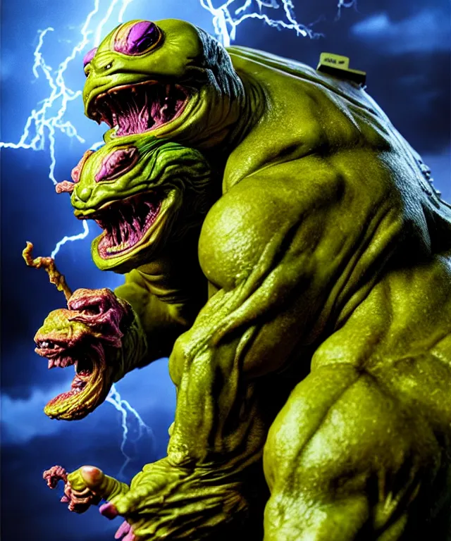 Image similar to hyperrealistic rendering, epic boss battle, cronenberg flesh monster tmnt, by art of skinner and richard corben, product photography, collectible action figure, sofubi, hottoys, storm clouds, outside, lightning