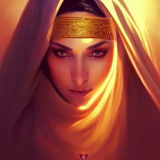 Image similar to Portrait of very very very very very very beautiful Arab woman, Niqab, glowing magical eyes, intricate, elegant, highly detailed, digital painting, artstation, concept art, smooth, sharp focus, illustration, art by artgerm and greg rutkowski and alphonse mucha