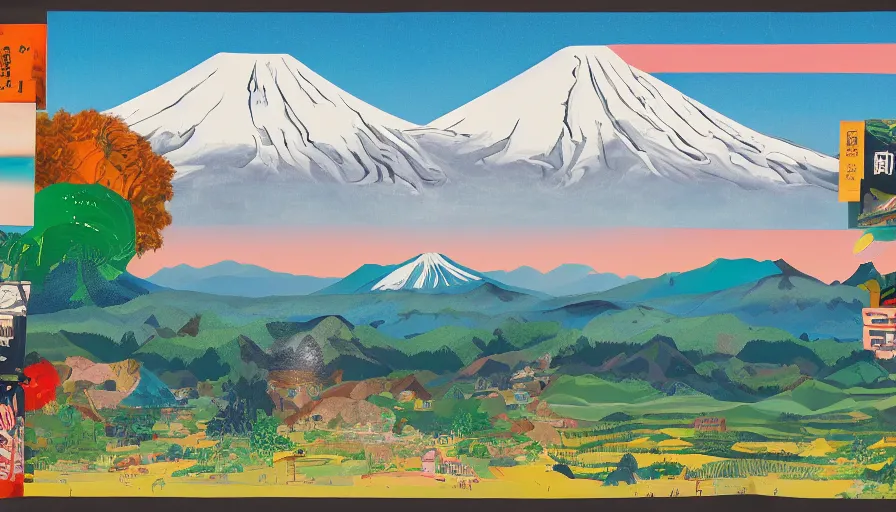 Image similar to award winning graphic design poster, cutouts constructing an contemporary art depicting a lone mount fuji and hills, rural splendor, and bullet train, isolated on white, and bountiful crafts, local foods, edgy and eccentric mixed media painting by Leslie David and Lisa Frank for juxtapose magazine