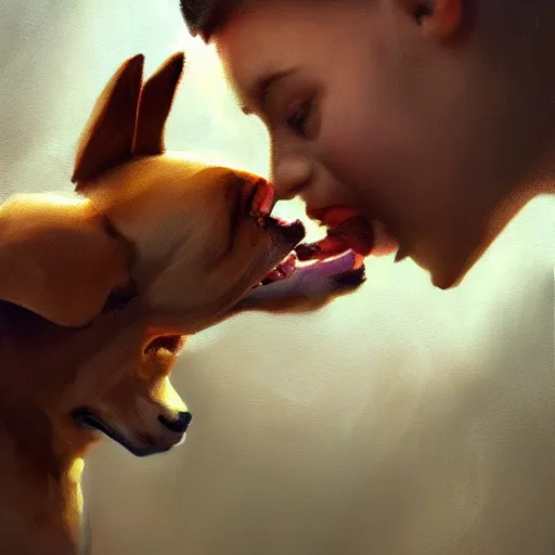 Prompt: child eating a dog, oil painting, ntricate, detailed, volumetric lighting, scenery, digital painting, highly detailed, artstation, sharp focus, illustration, concept art,