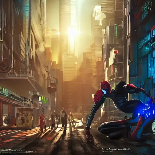 Image similar to cyberpunk spiderman robot ninja illumination ray tracing hdr fanart arstation by sung choi and eric pfeiffer and gabriel garza and casper konefal