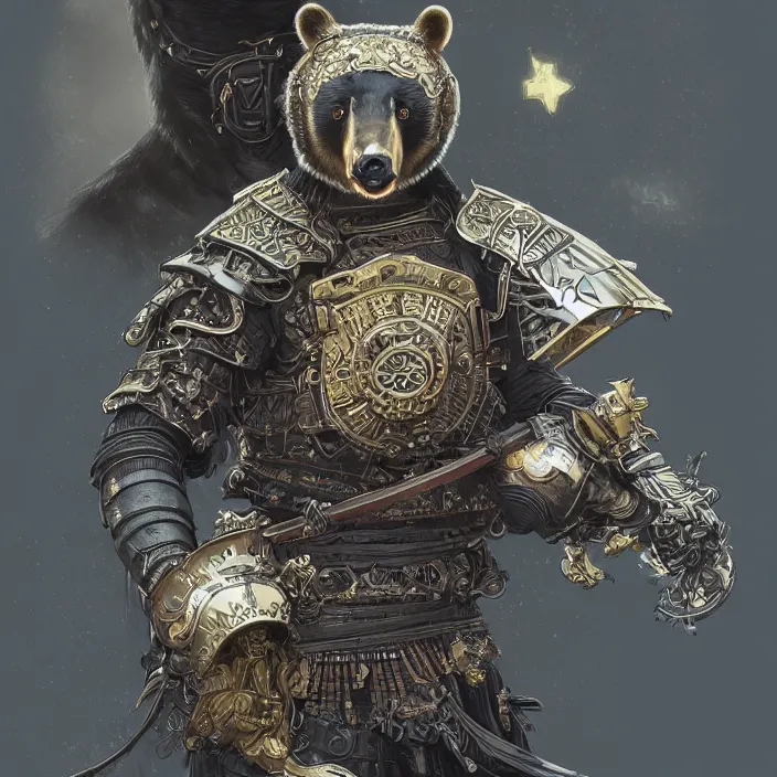 Image similar to ultra realistic illustration, anthropomorphic samurai asian black bear with armor made of stars, sci - fi, fantasy, intricate, elegant, highly detailed, digital painting, artstation, concept art, smooth, sharp focus, illustration, art by artgerm and alphonse mucha