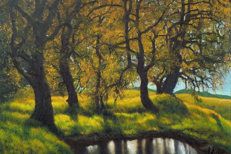 Image similar to masterpiece painting of oak trees on a hillside overlooking a creek, dramatic lighting, by gunnar widforss