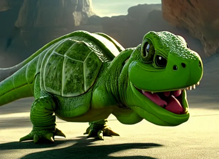 Image similar to film still of yoshi in the new sci - fi movie, cute upright dinosaur with a small turtle shell and long tongue, 8 k