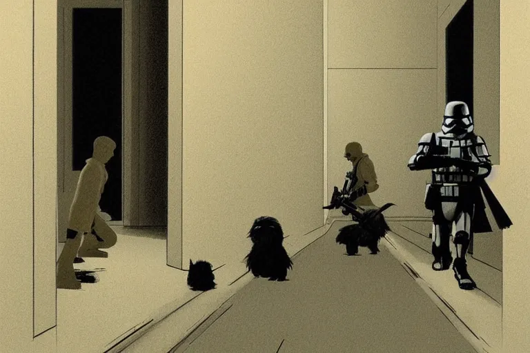 Image similar to ralph mcquarrie concept art, scene : int. death star - detention corridor, luke and leia crouch together in an alcove for protection as they continue to exchange fire with troops. han and chewbacca are barely able to keep the stormtroopers at bay at the far and of the hallway. the laserfire is very intense, and smoke fills the narrow cell corridor.