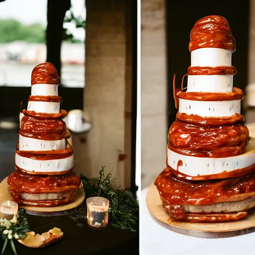 Image similar to a wedding cake made entirely out of meat and sausages with ketchup sauce. During wedding. Highly detailed 8k