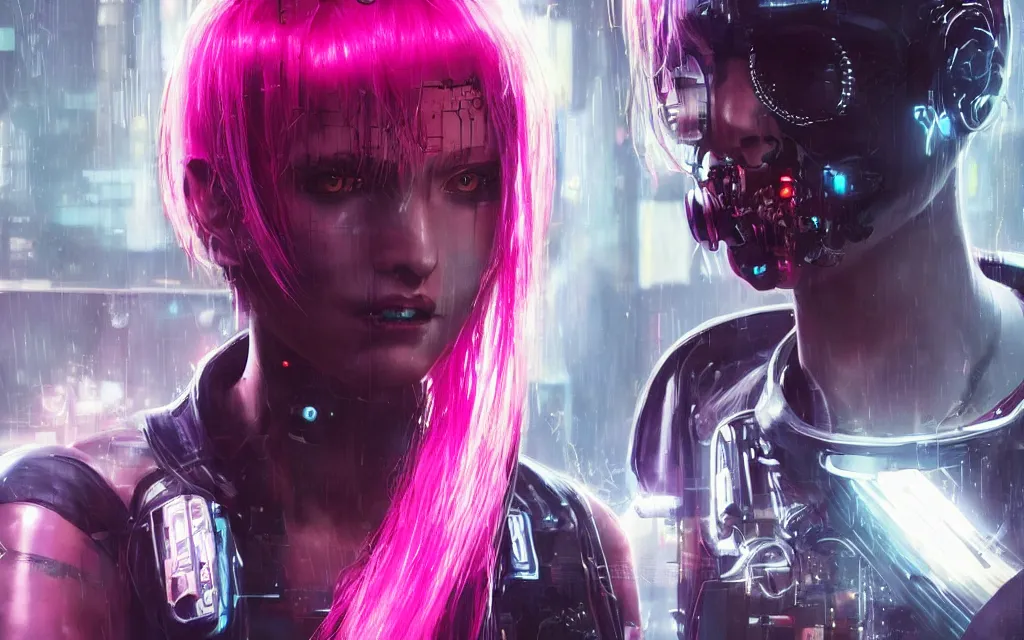 Prompt: A scary cyberpunk portrait of a cute woman, wires, LEDs, robot, cyborg, android, detailed, textured, Artstation:6, Blade Runner, Ghost in the Shell, Alita Battle Angel, Cyberpunk 2077, Borg, Pinterest:4 hair, pink:-6