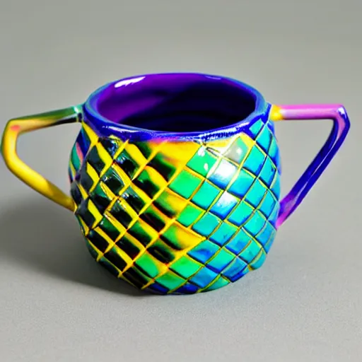Prompt: brightly colored geodesic ceramic mug with iridescent glaze