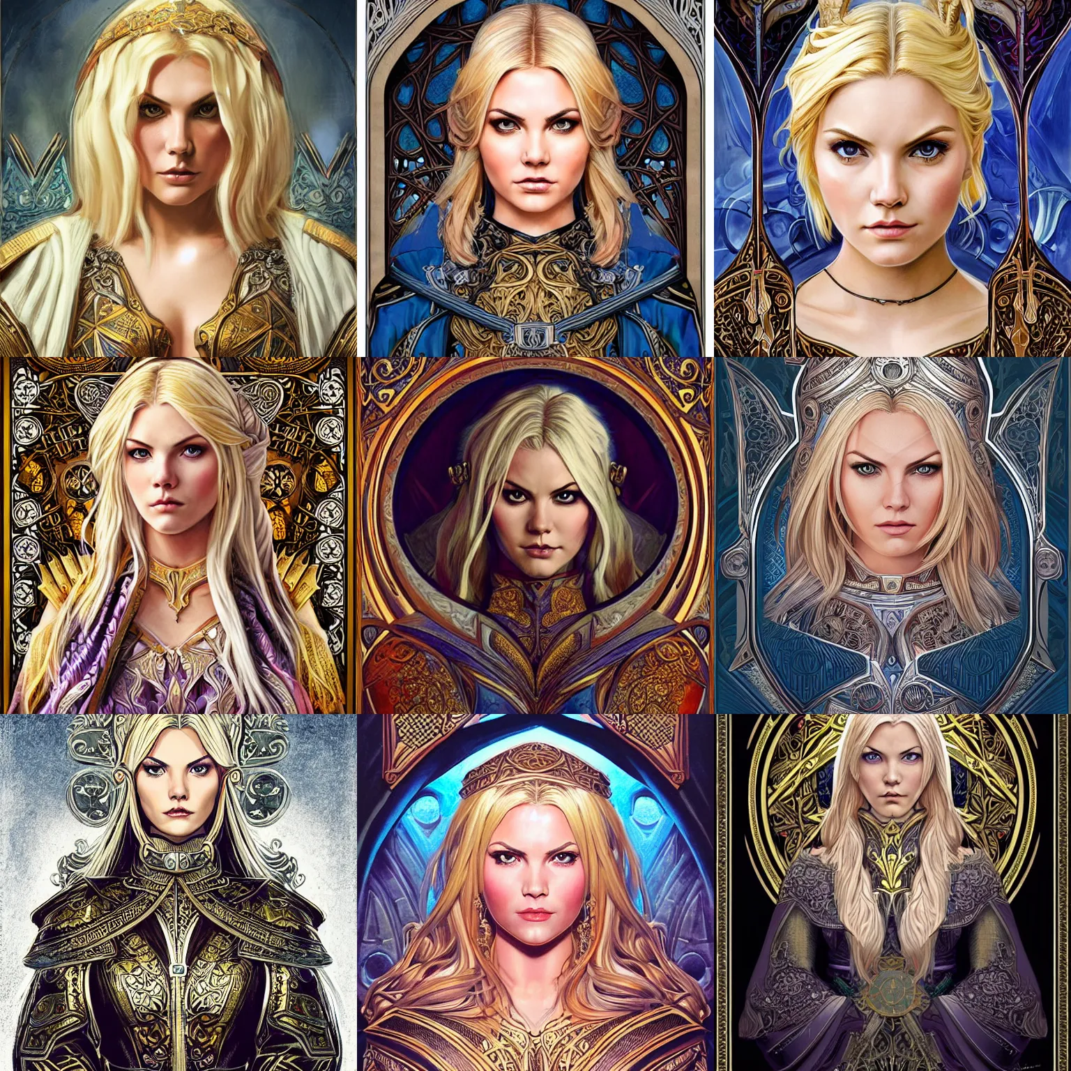 Image similar to head-on symmetrical centered painted portrait, Elisha Cuthbert as a paladin, blonde hair, ornate iron armour, art nouveau, tarot card style, medieval robes, fantasy, intricate, elegant, highly detailed, smooth, sharp focus, illustration, artstation, in the style of Artgerm and Anna Podedworna and Alex Ross and Mucha