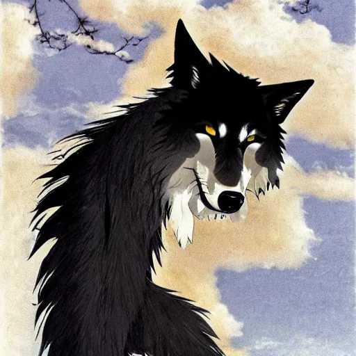 Prompt: black wolf with a piercing eyes like a gladiator, studio ghibli.