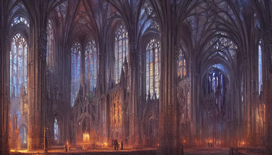 Prompt: atmospheric painting of a fractal gothic cathedral, by Marc Simonetti, oil on canvas, highly detailed, soft lighting