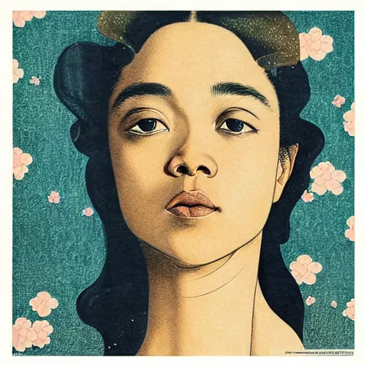 Image similar to “ tessa thompson portrait by ikenaga yasunari and ayana otake and ko rakusui, 6 0 s poster, drawing, realistic, sharp focus, japanese, dreamy, nostalgia, faded, golden hues, floral clothes, porcelain skin ”