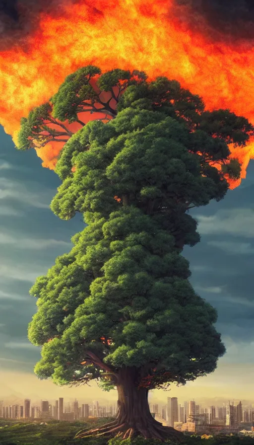 Image similar to A highly detailed matte painting of the biggest tree ever with buildings on the tree, the tree is on fire, huge fire with smoke and explosions, by Studio Ghibli, Makoto Shinkai, by Artgerm, by beeple, volumetric lighting, octane render, 4K resolution, trending on artstation, masterpiece