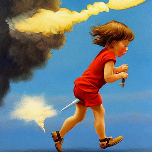 Image similar to a running child turning into vapor, mist, smoke, scissors in hand, a detailed matter painting by John Philip Falter