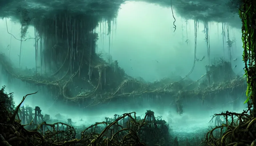 Image similar to giant skeleton in underwater ruins, vines, forest, hyperrealistic, highly detailed, cinematic, single ray, dark, beautiful, cgssociety, artstation, 8 k, oil painting