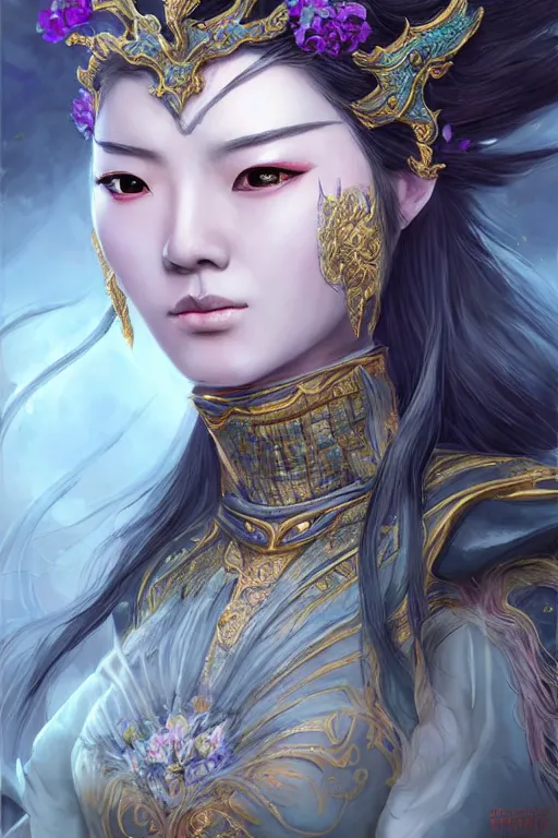 Prompt: beautiful ancient fantasy portrait of wuxia armored heroine, face trending by artbreeder wearing like Xian Xia wardrobe, in forbidden City, hybrid from Dynasty Warriror, flowers sea rainning everywhere, intricate, very very beautiful, elegant, highly detailed, digital painting, beautiful glowing galaxy eyes, human anatomy, hyperrealistic, soft light, dynamic, artstation, fantasy concept art, smooth, sharp focus, illustration, art by alphonse mucha and WLOP and tian zi