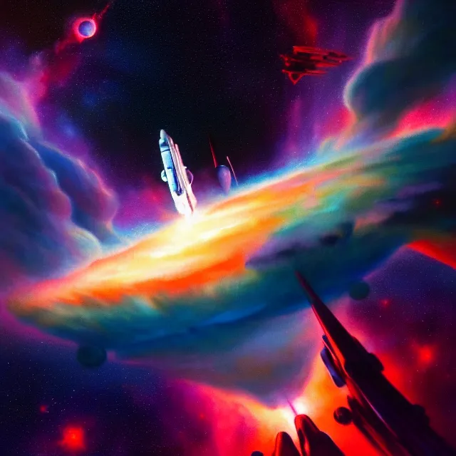 Prompt: a beautiful painting of a spaceship in the nebula by john harris and robert mccall and pascal blanche and greg rutkowski and paul lehr. in style of oil on canvas art. ultra realistic, hyper detailed. interstellar. 4 k texture. deep sky photography. octane render. trending on artstation