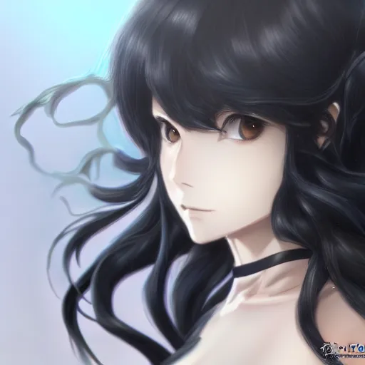 Prompt: portrait of a girl with black wavy hair, anime fantasy illustration by tomoyuki yamasaki, kyoto studio, madhouse, ufotable, trending on artstation