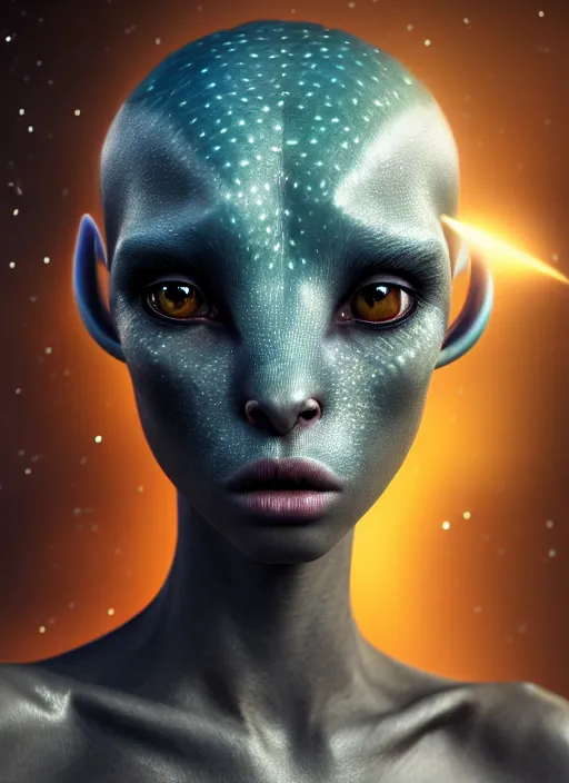 Prompt: a photorealistic portrait, stunningly beautiful hyper detailed avatar alien girl, mysterious black eyes, professionally retouched, soft lighting, hyper realistic, small nose, pretty mouth, black hair, beautifully detailed colorful starry sky, wide angle, sharp focus, 8 k high definition, 6 4 megapixels, insanely detailed, stunningly beautiful