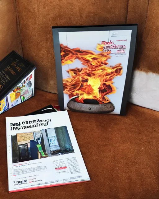 Image similar to a full view of table and magazine with picture of firey toilet, magazine, zoomed out, zoomed out, zoomed out