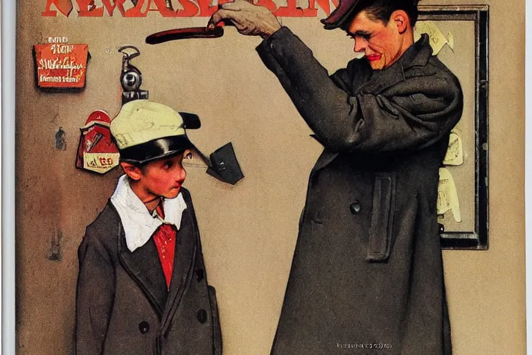 Image similar to a young man wearing a newsboy cap putting on his coat, magazine design, white background, by norman rockwell