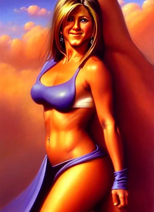 Prompt: portrait of cute young jennifer aniston as a slightly chubby amazon girl, full body, painted by stanley artgerm, boris vallejo, fantasy art, sleek curves, sharp focus, trending on artstation hq, deviantart