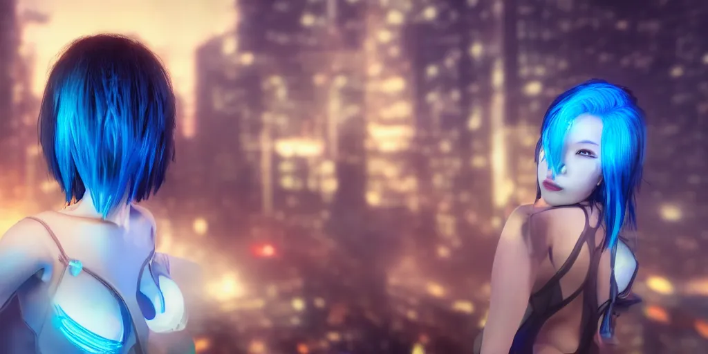 Prompt: A beautiful sexy Asian female with blue hair and glowing eyes wanders, hyperrealistic, cyber universe, glass buildings, volumetric lightning, reflections, octane render 8K