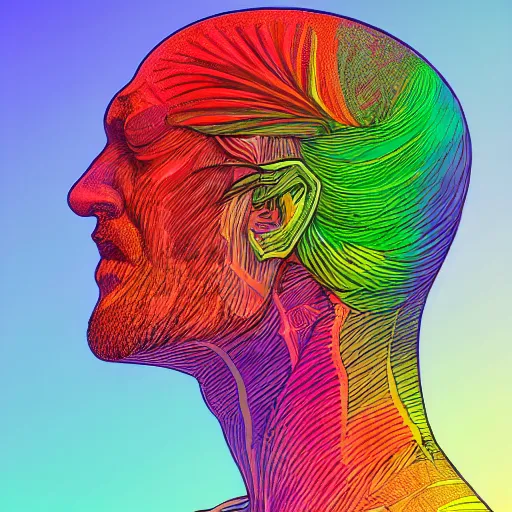 Prompt: the head of a beautiful handsome rainbow man, an ultrafine detailed illustration by james jean, final fantasy, intricate linework, bright colors, behance contest winner, vanitas, angular, altermodern, unreal engine 5 highly rendered, global illumination, radiant light, detailed and intricate environment