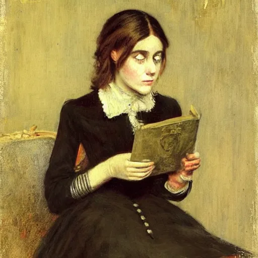 Image similar to scared young victorian lady reading a horror book, painted by alfred stevens